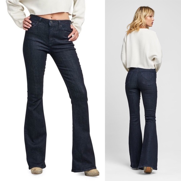 high rise dark wash flare jeans